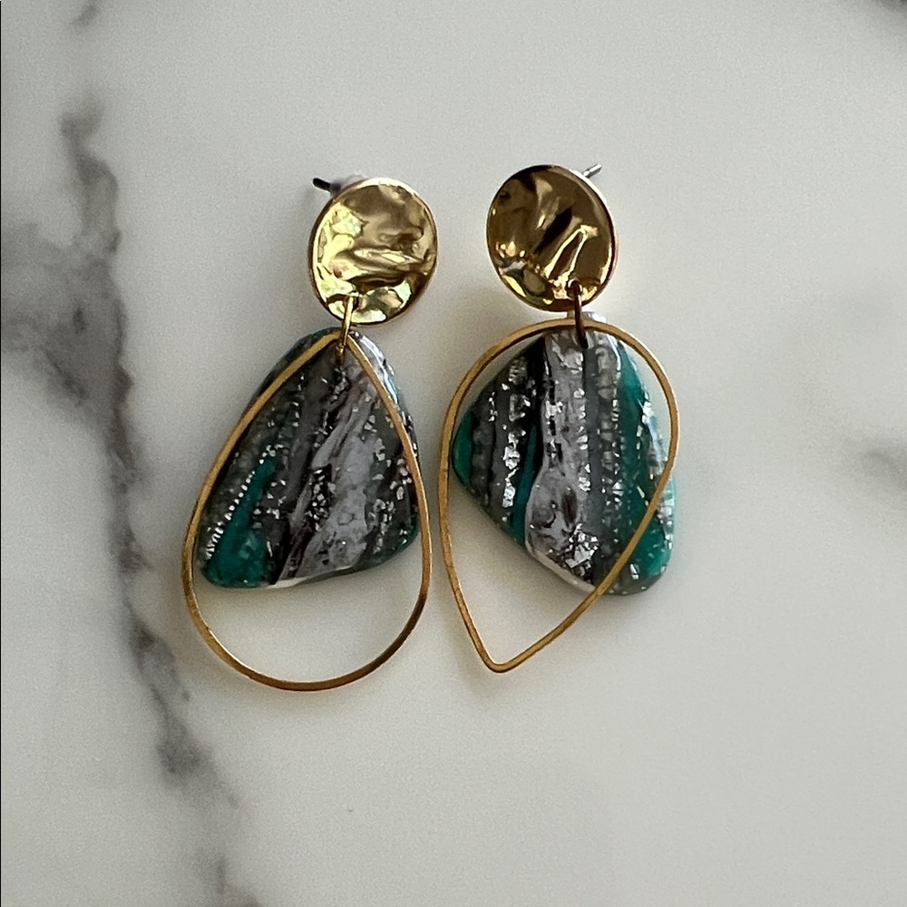 Artistic Gold and Teal Dangle Earrings